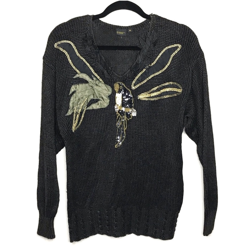 Vintage Sequin Parrot black v neck knit sweater size Medium